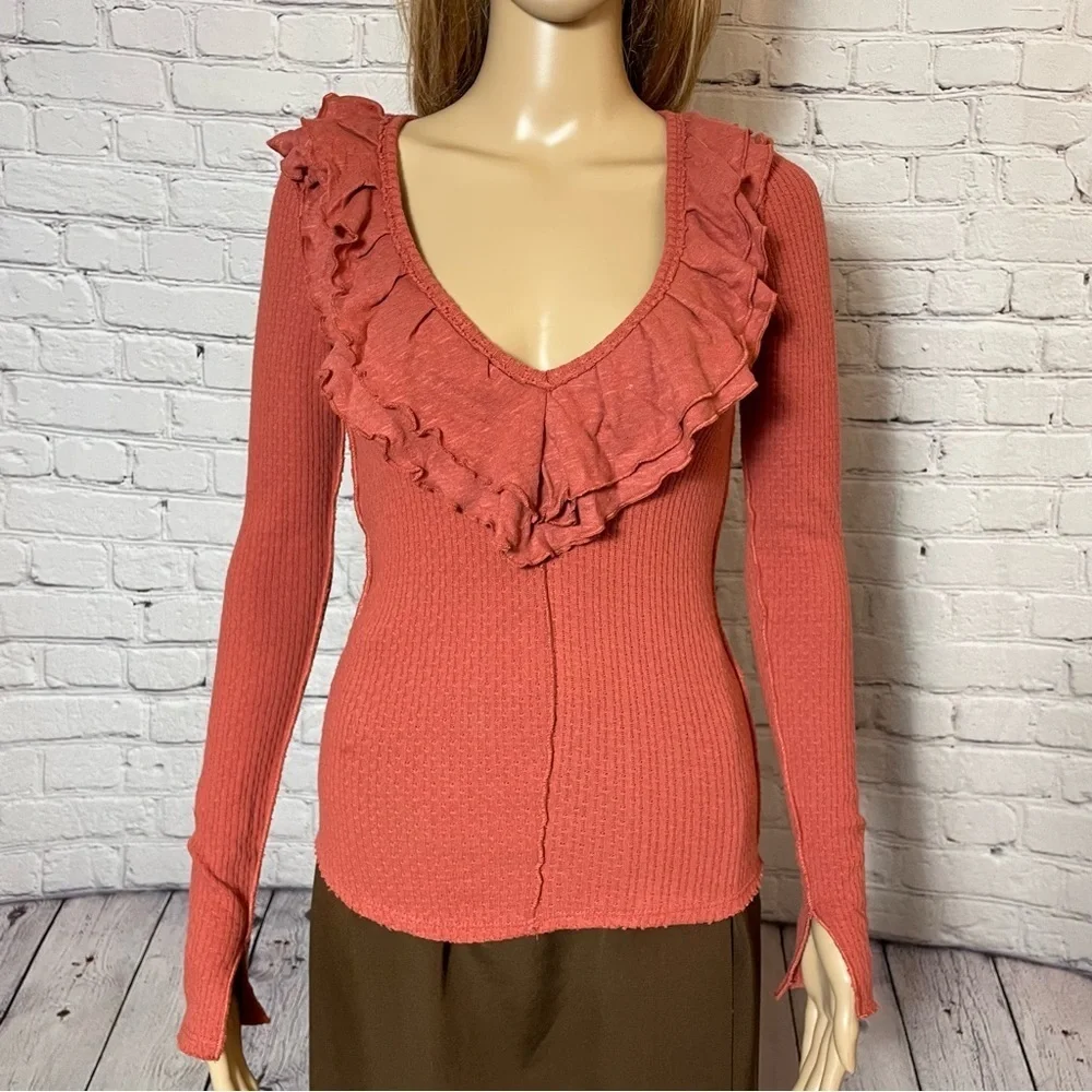 New Free People Bennet Ruffled Long Sleeve Terracotta Top Size XS